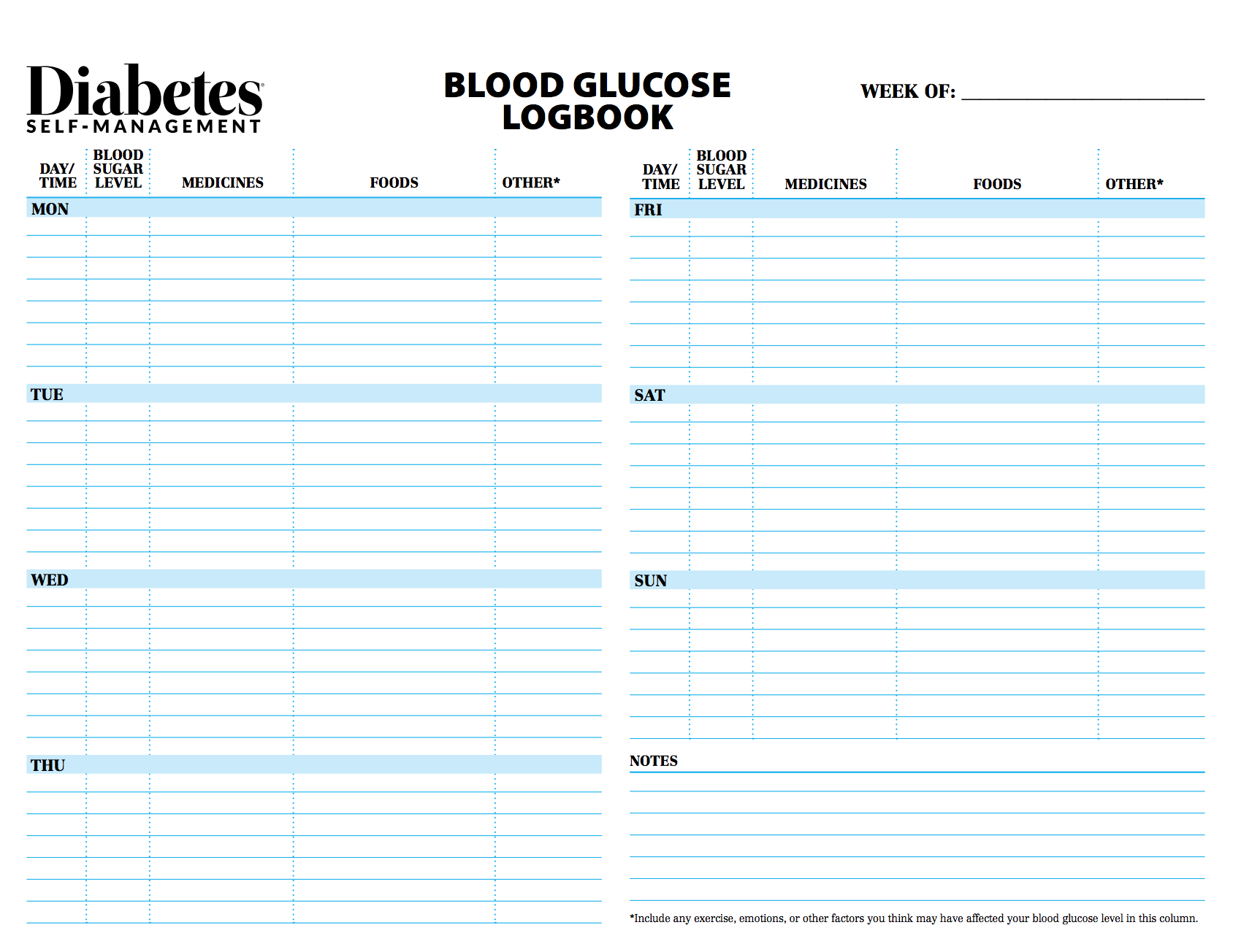 Printable Blood Glucose Log Sheet