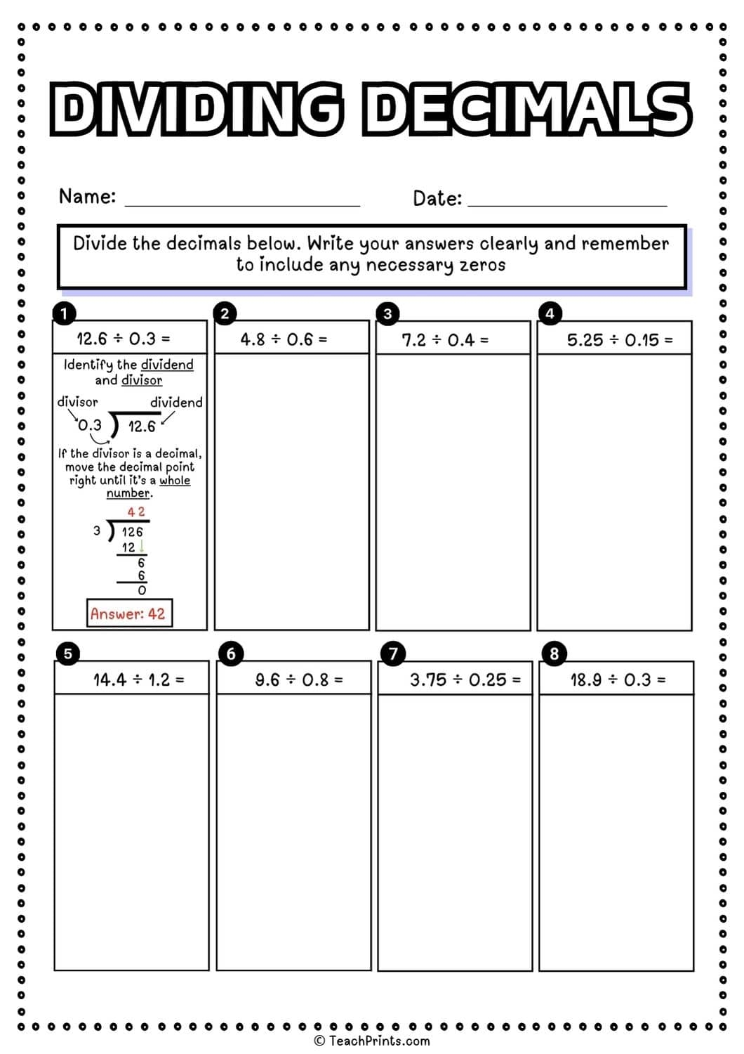 Free Dividing Decimals Worksheets Teach Prints