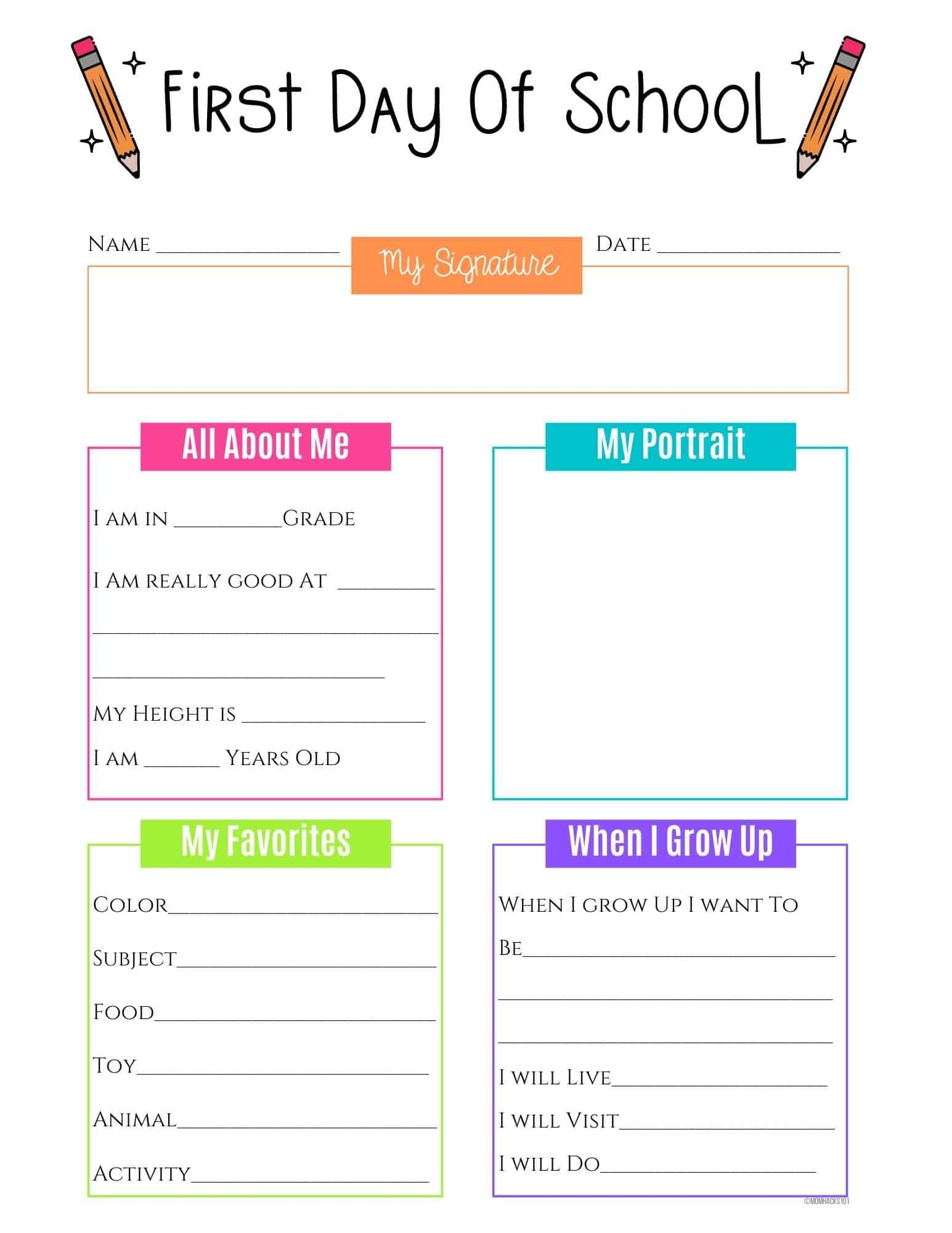 FREE First Day Of School Interview Worksheet Keepsake Mom Hacks 101