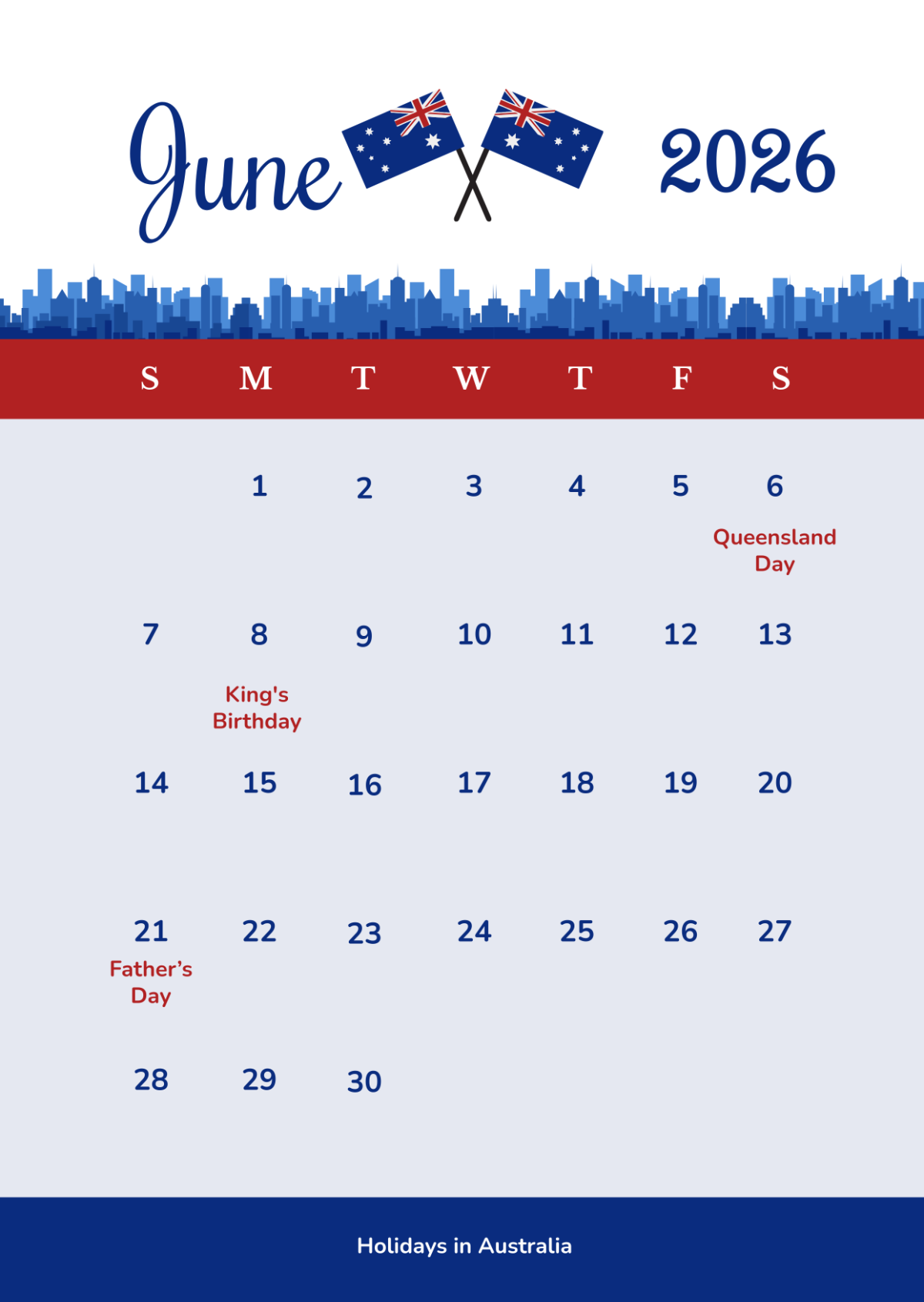 Free June 2026 Australia Calendar Template To Edit Online
