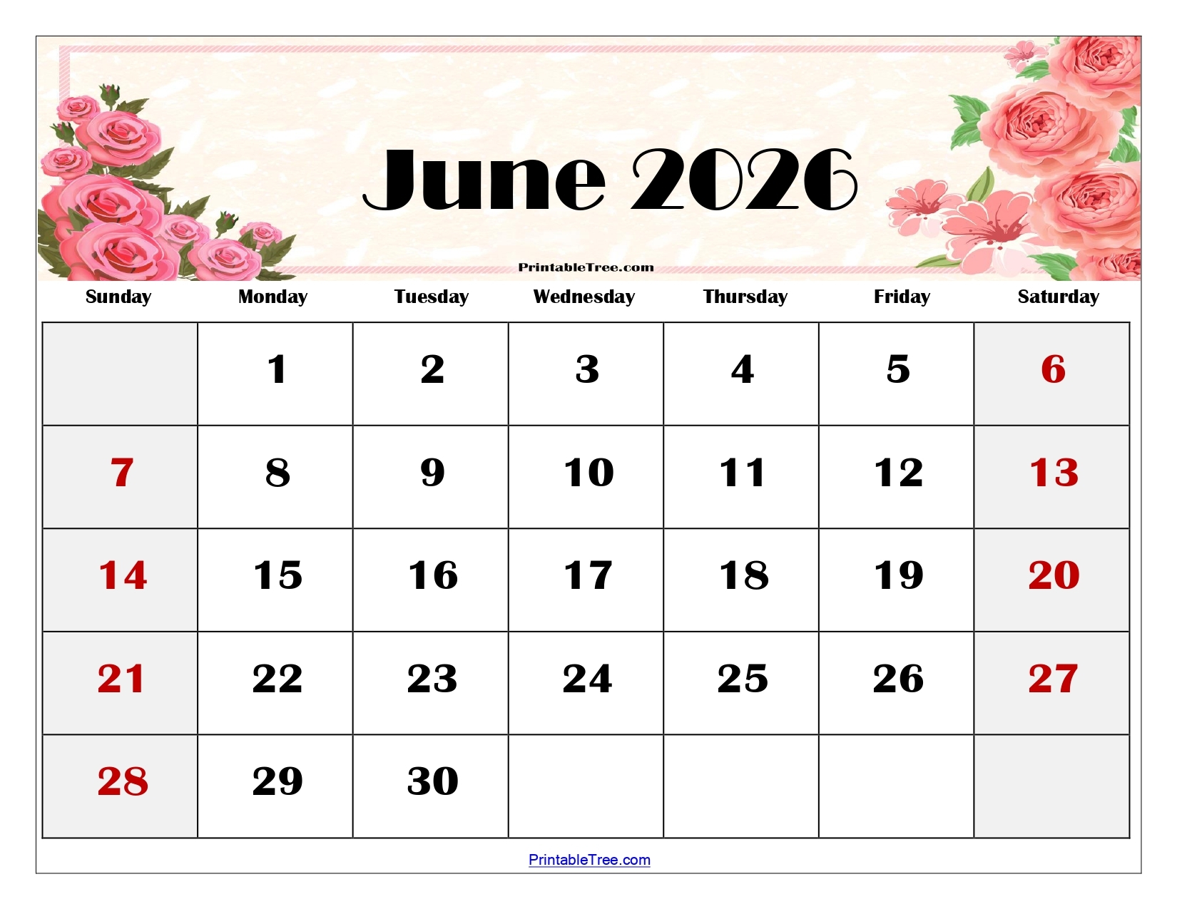 Free Printable June Calendar 2026