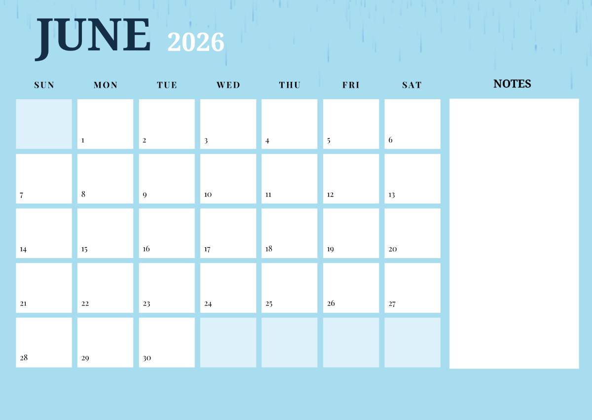 Free June 2026 Calendar With Notes Template To Edit Online