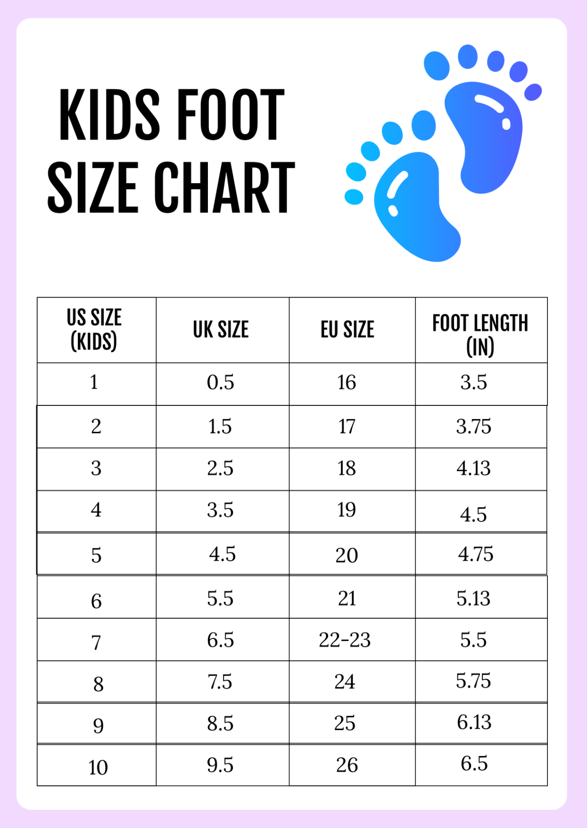 Free Kids Foot Size Chart Template To Edit Online