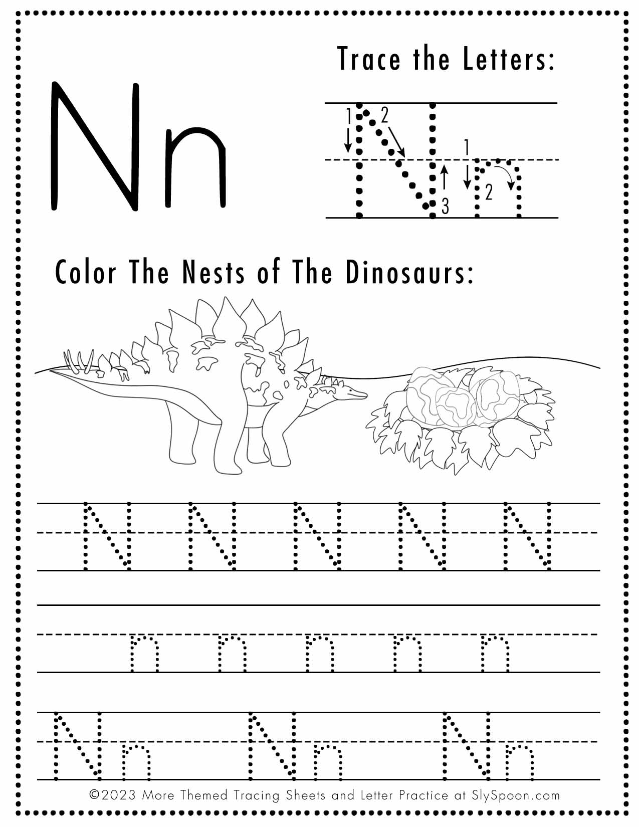 Free Letter N Tracing Worksheet Printable Dinosaur Themed Sly Spoon