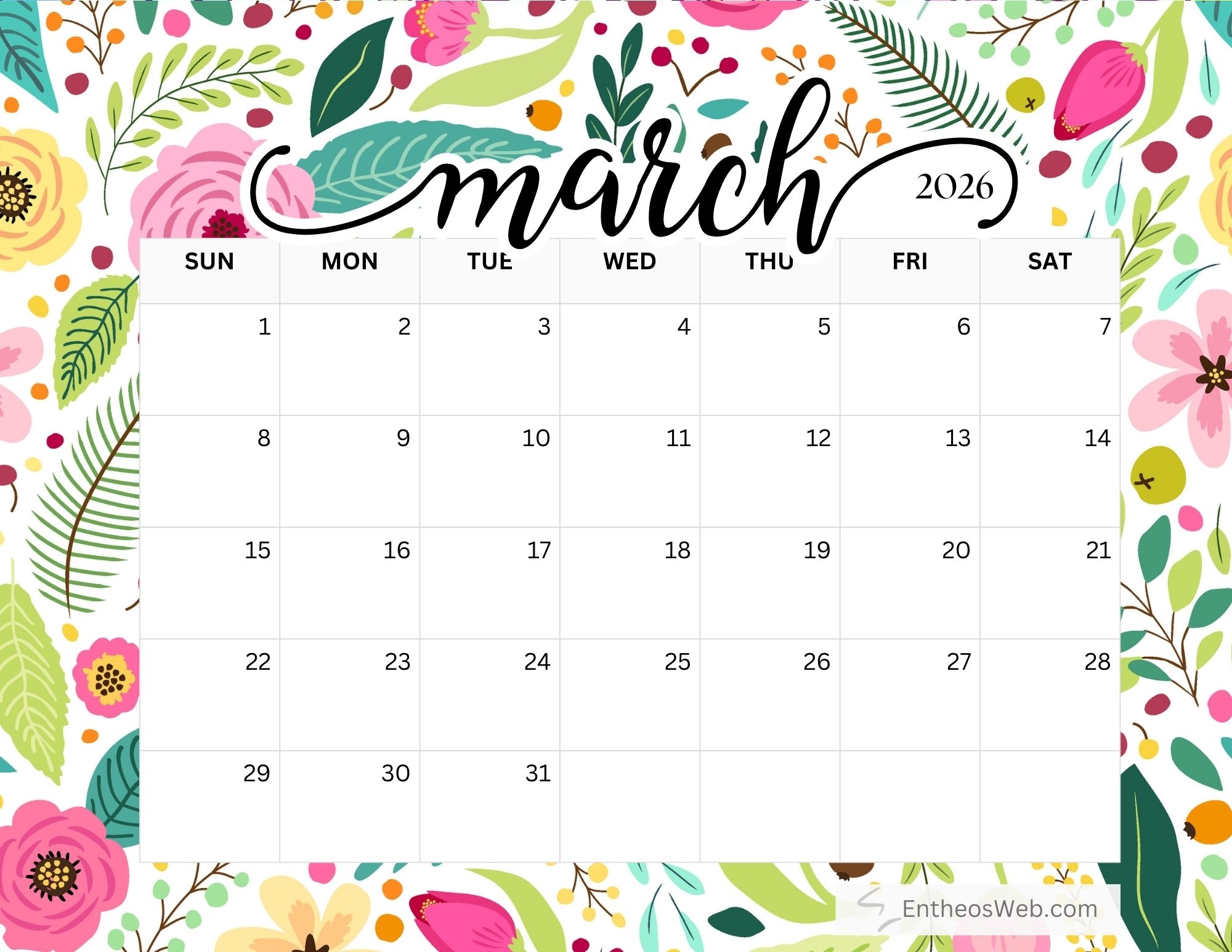 Free March 2026 Printable Calendars EntheosWeb
