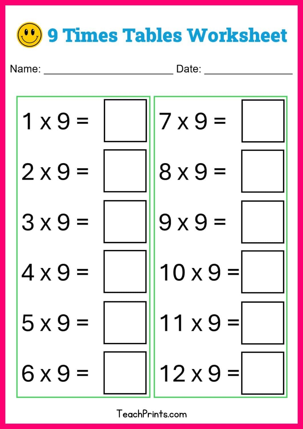 Free Nine Times Tables Worksheets 8 Versions Teach Prints Free Nine Times Tables Worksheets 8 Versions Teach Prints