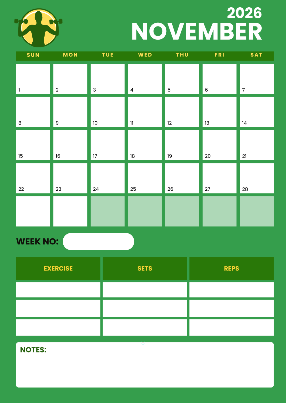 Free November 2026 Fitness Tracker Calendar Template To Edit Online
