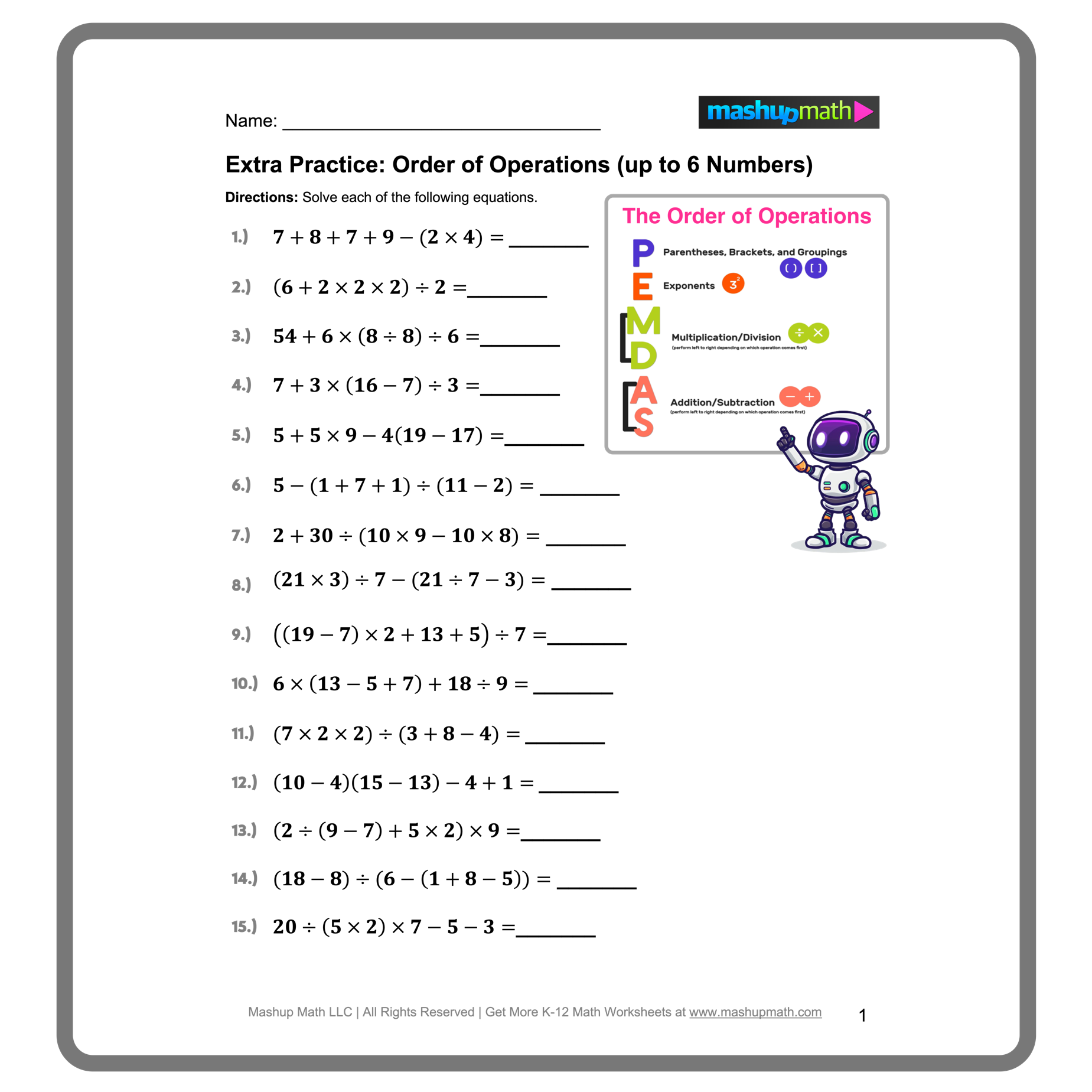 Printable Order Of Operations Worksheets