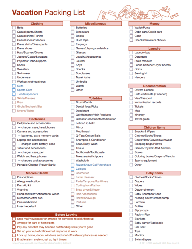 Free Packing List Template For Vacation Travel Or College