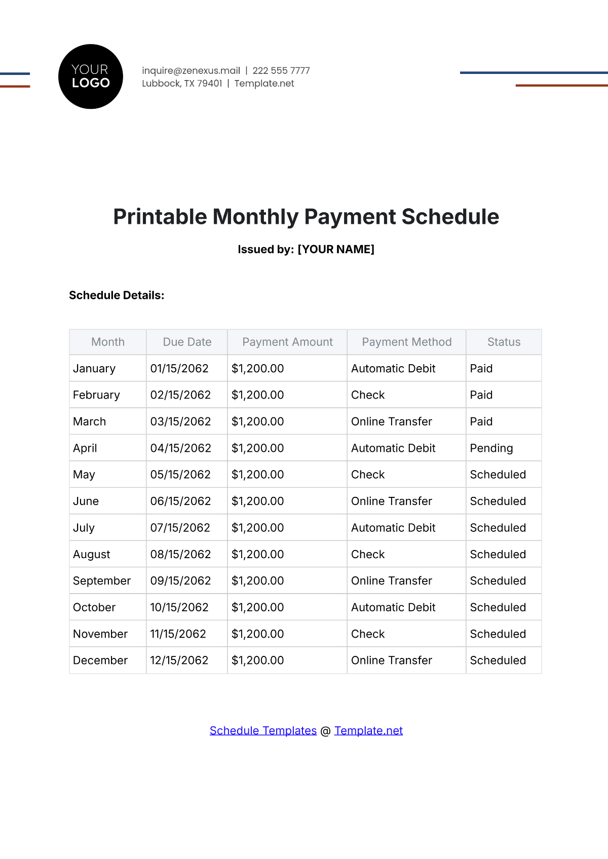 Free Printable Payment Schedule Template