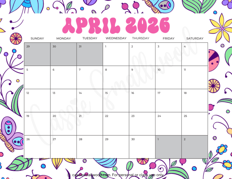 FREE PRINTABLE 2026 APRIL CALENDAR Cassie Smallwood