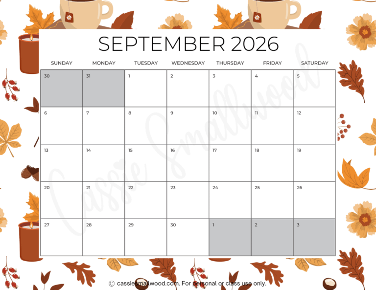 FREE PRINTABLE 2026 SEPTEMBER CALENDAR Cassie Smallwood