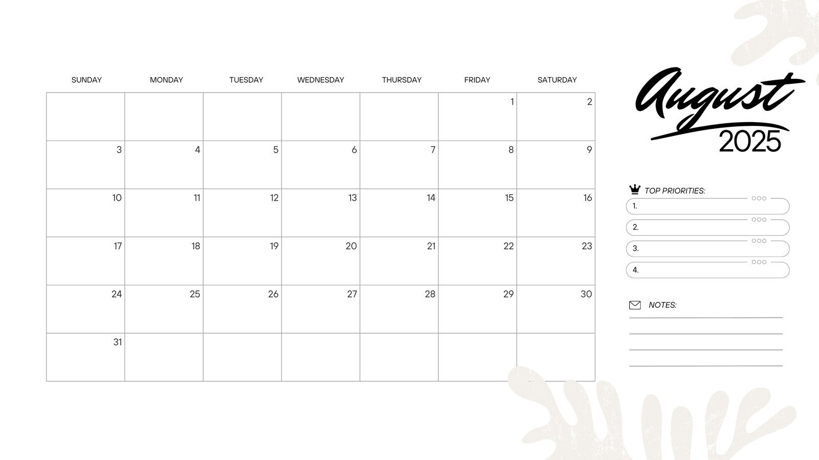 Printable August 2025 Calendar