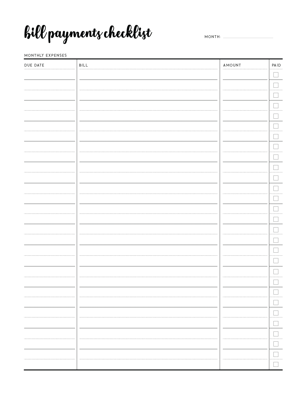 Bill Pay Printable Worksheet