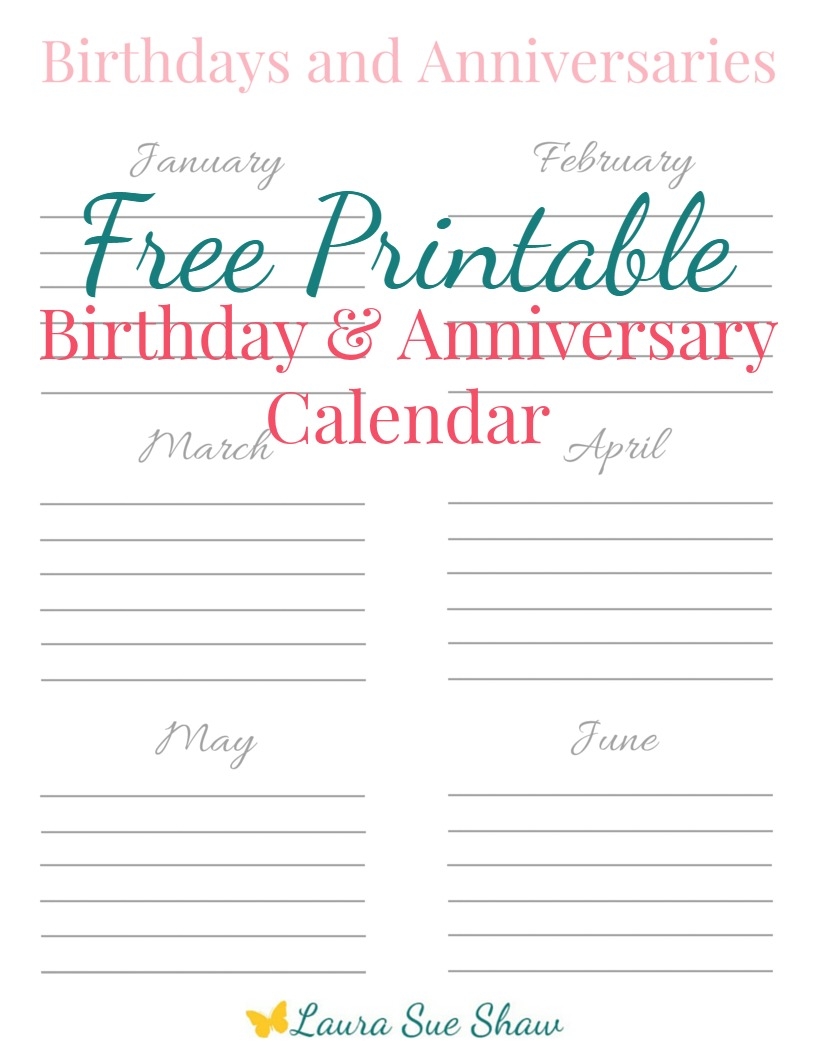 Free Printable Birthday Anniversary Calendar Practical Productivity With Laura Sue Shaw