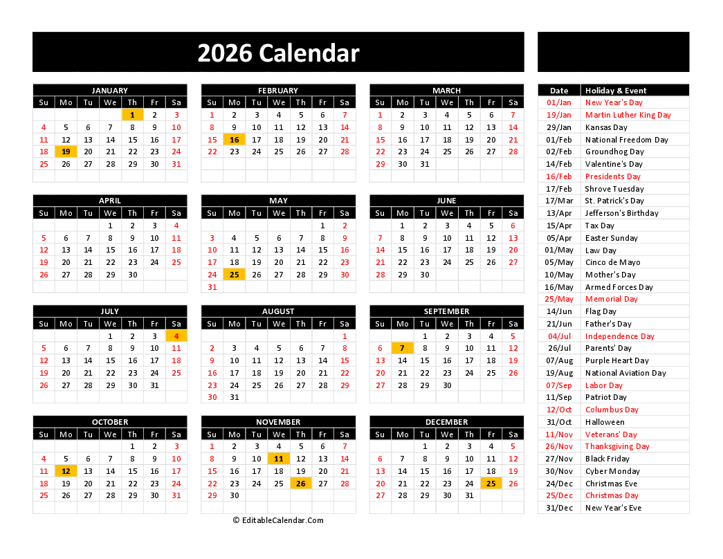 Free Printable Calendar 2026 Word PDF Excel 