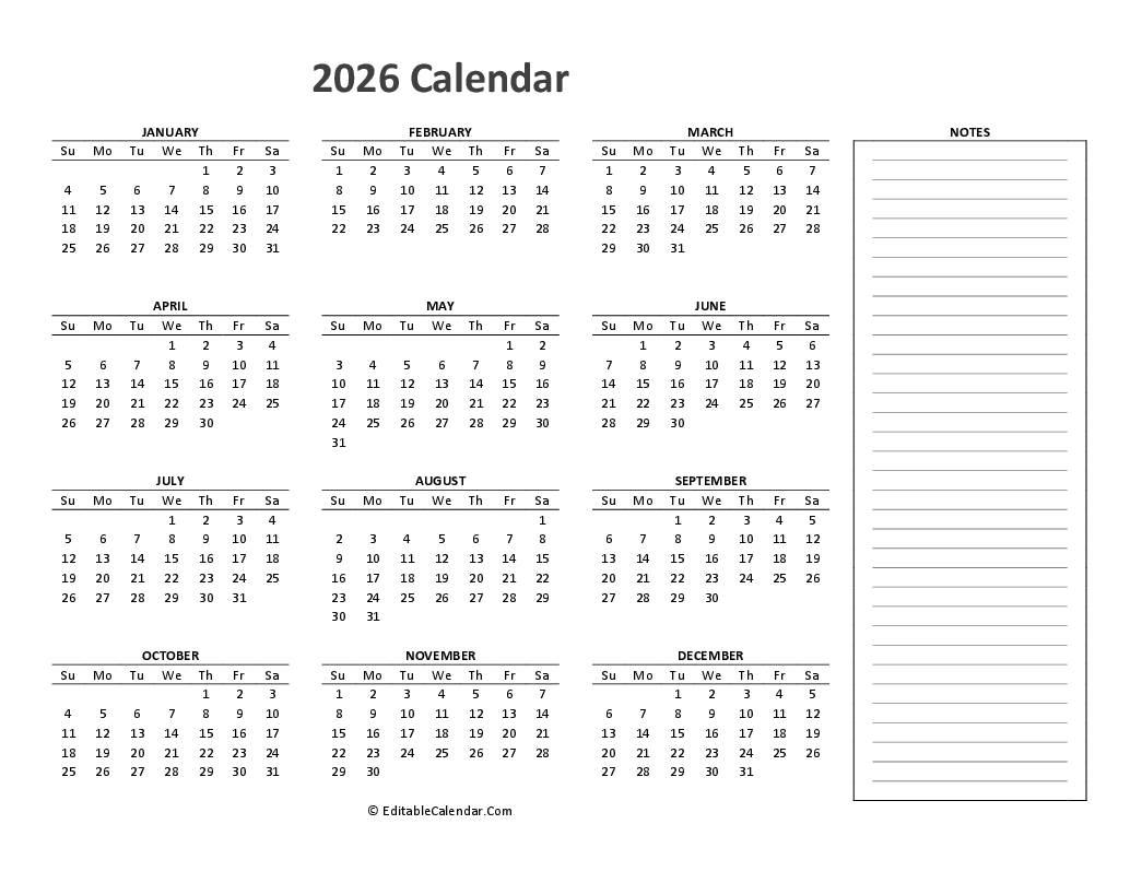 Free Printable Calendar 2026 Word PDF Excel 