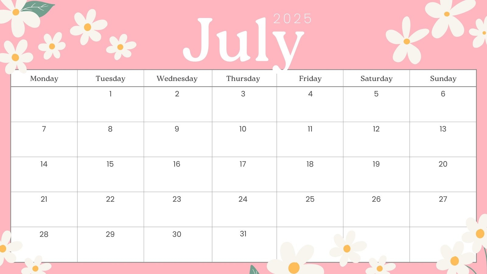 July 2025 Monthly Calendar