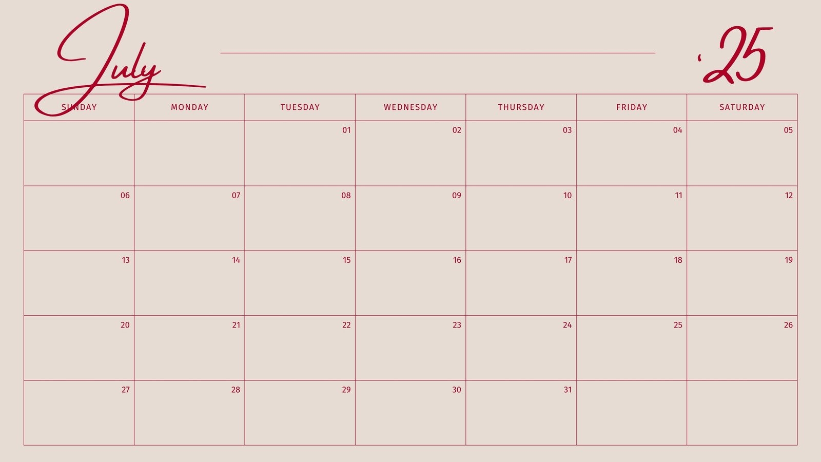Free Printable Custom July 2026 Calendar Templates Canva