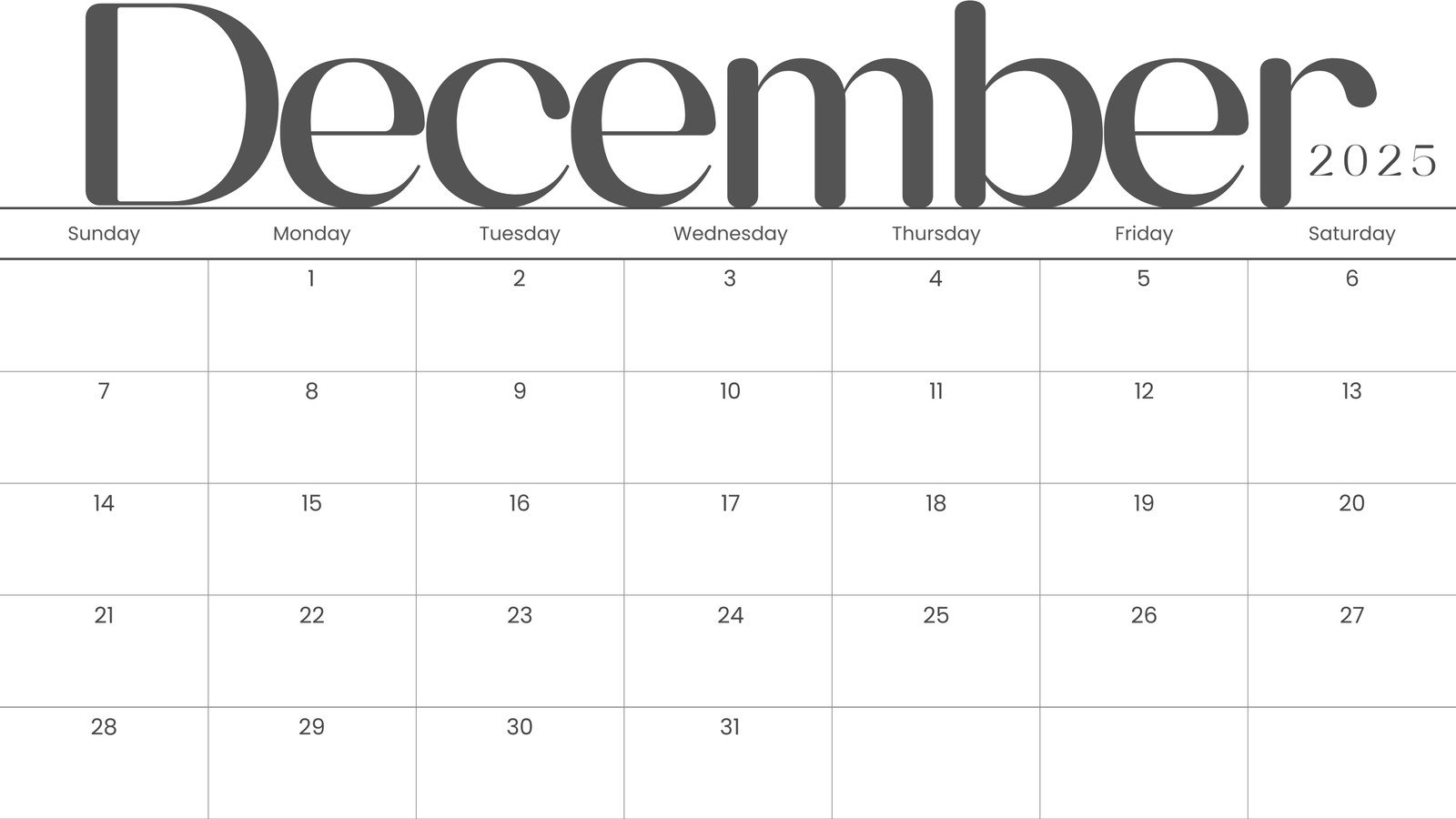 December 2025 Calendar Printable