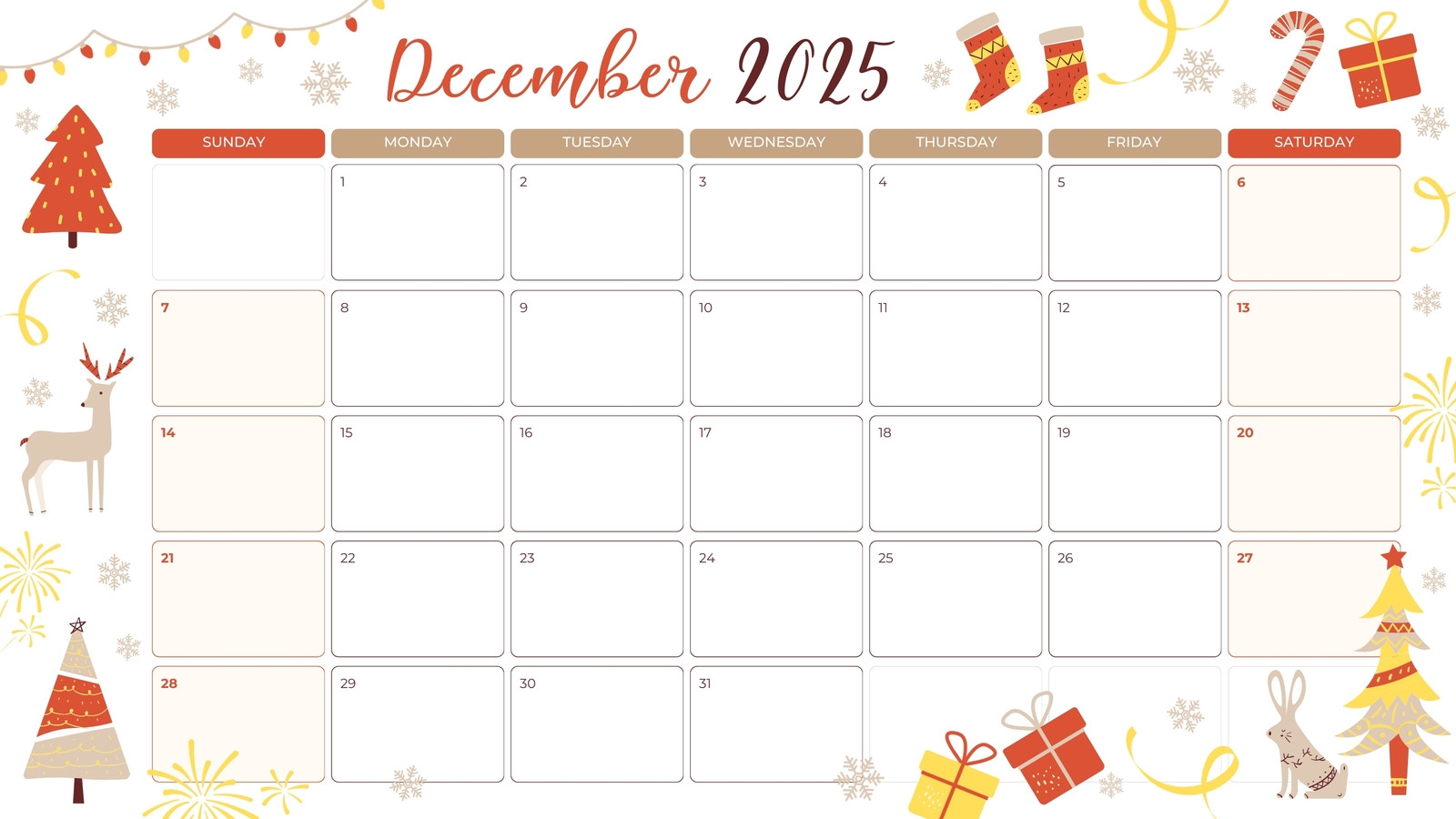 Free Printable December 2025 Calendar Templates Canva