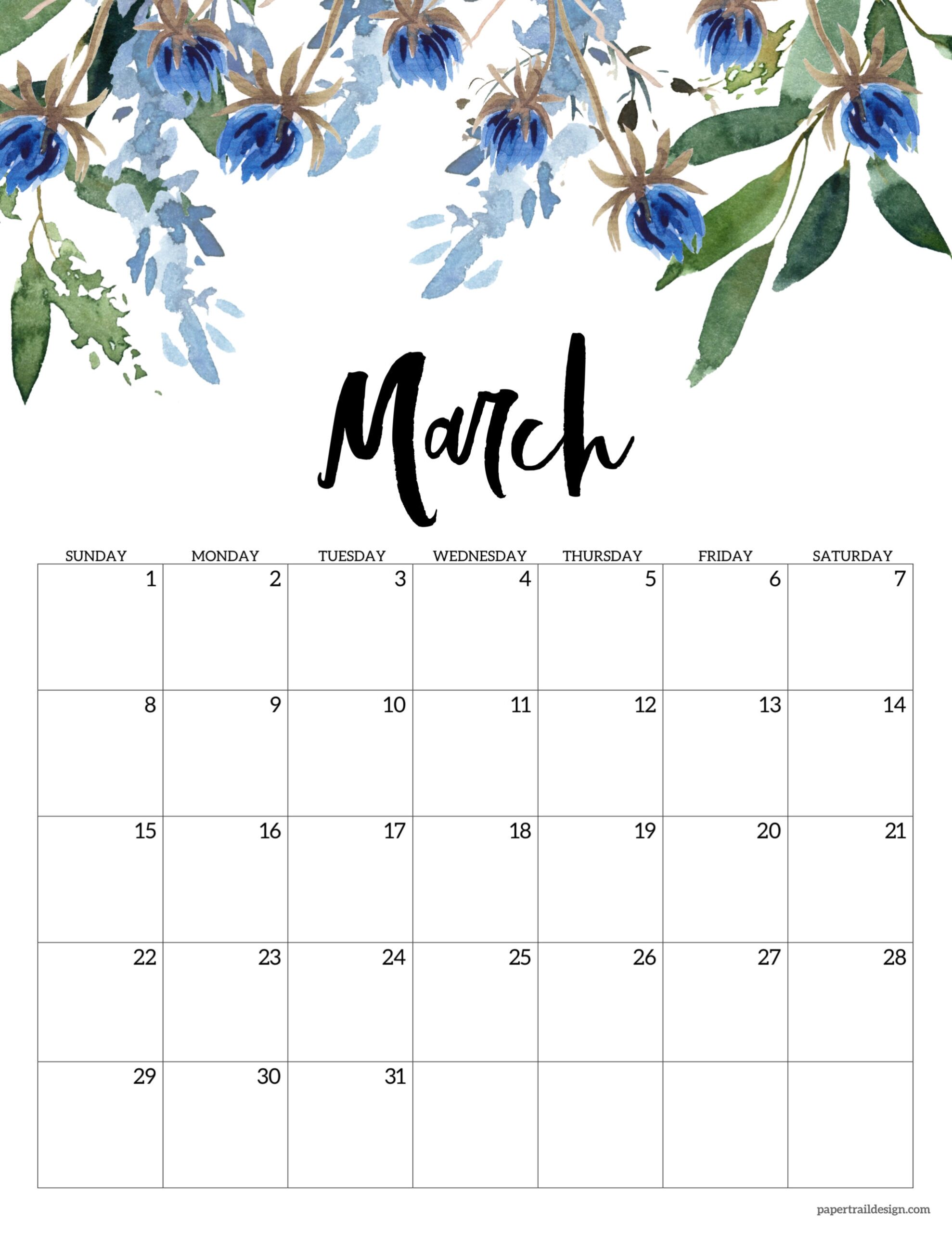 March 2026 Monthly Calendar Printable