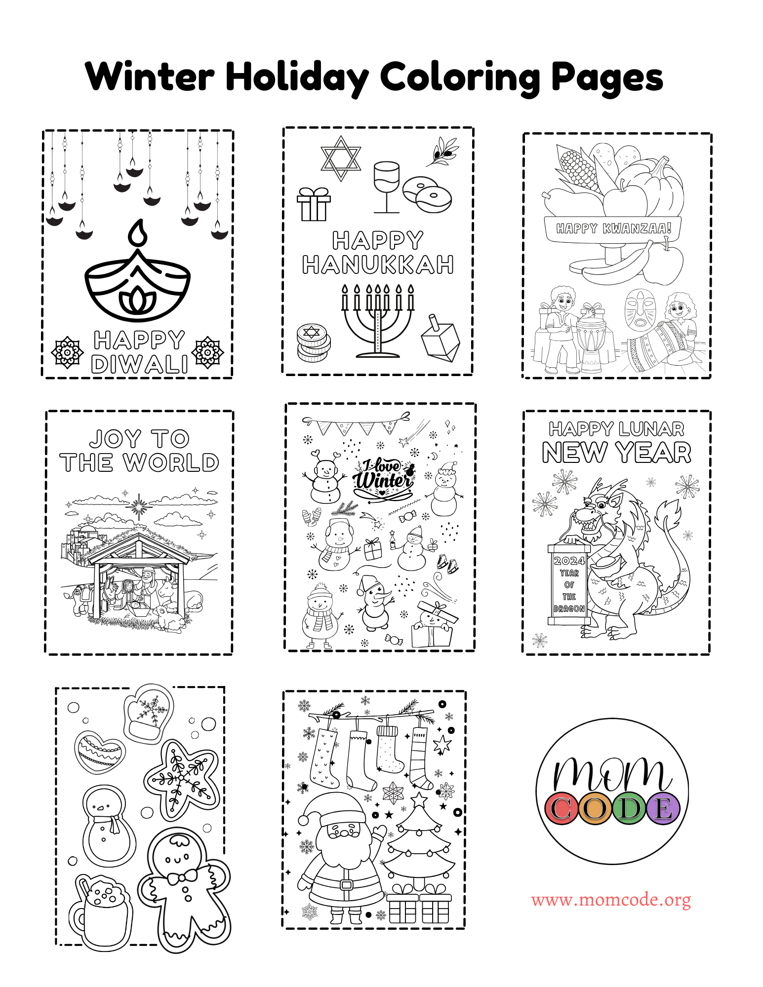 Free Printable Holiday Coloring Pages For Kids Christmas Hanukkah Kwanza Diwali Lunar New Year MOMCODE
