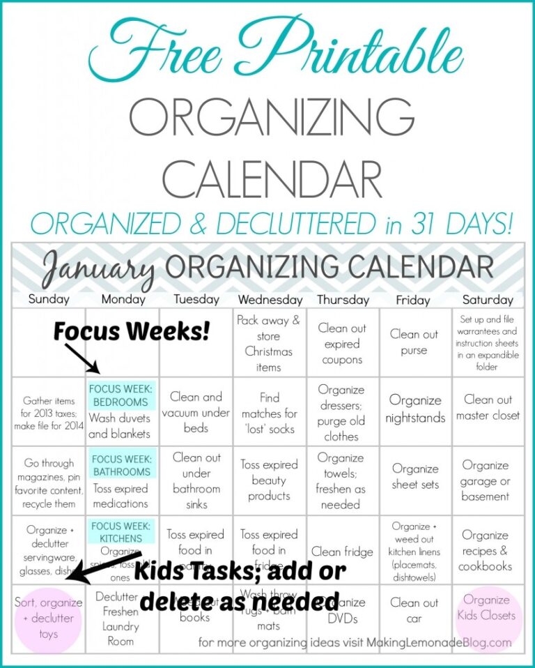 Free Printable January Organizing Calendar Making Lemonade