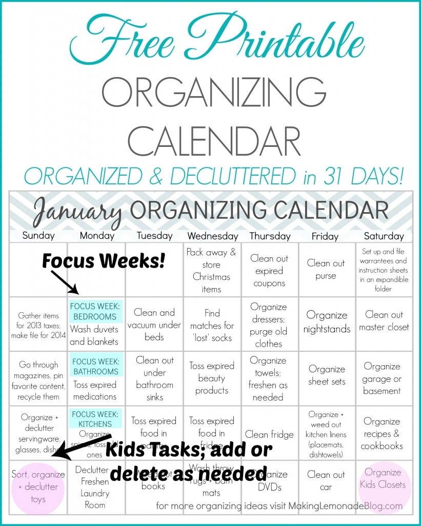 Free Printable January Organizing Calendar Making Lemonade