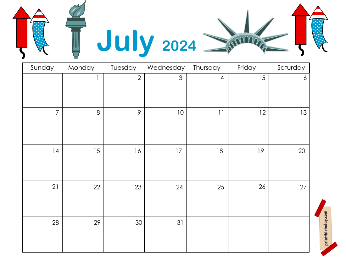 July Calendar Free Printable