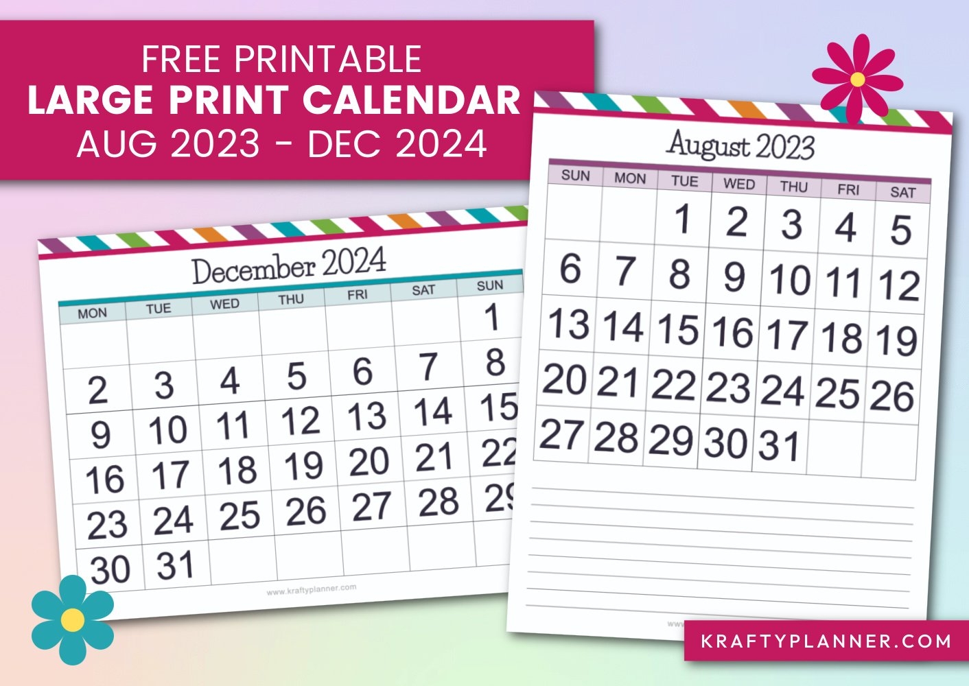 Free Printable Large Print Calendars August 2023 December 2024 Krafty Planner