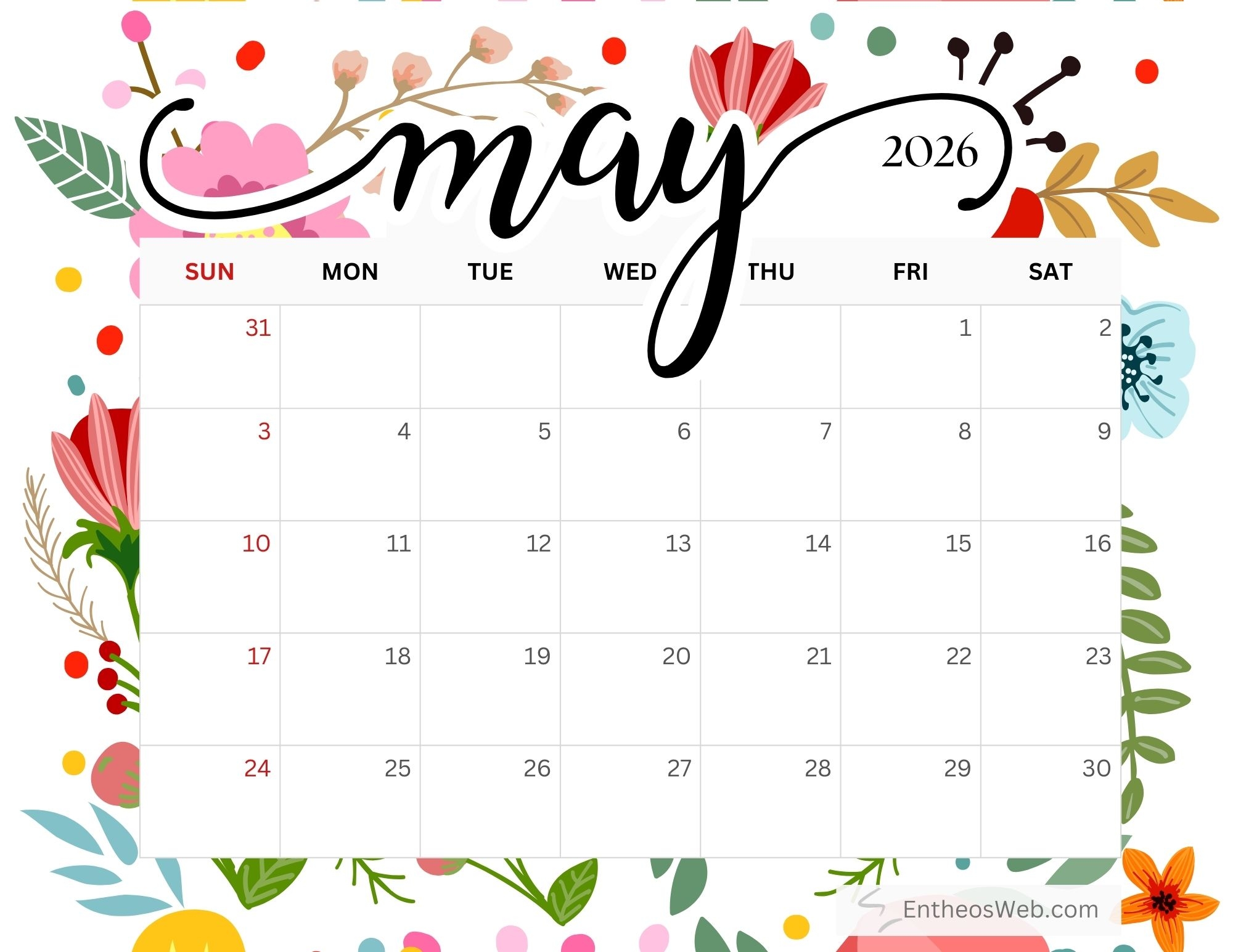 Calendar 2026 Printable May Calendar 2026 Printable May