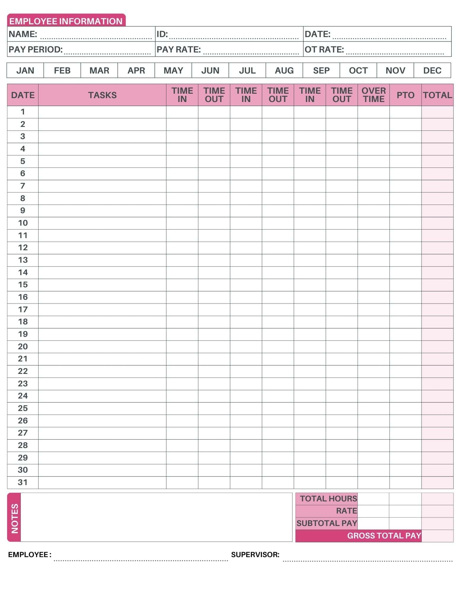 Free Printable Monthly Time Sheets