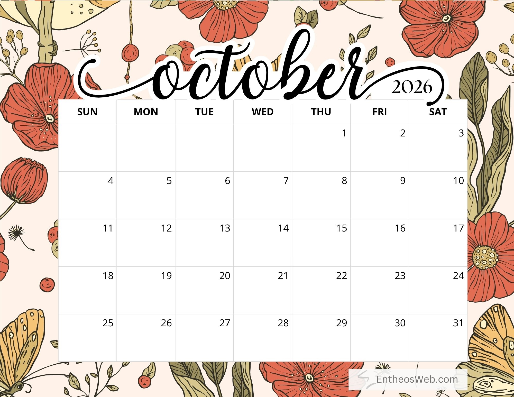 Free Printable October 2026 Calendars EntheosWeb