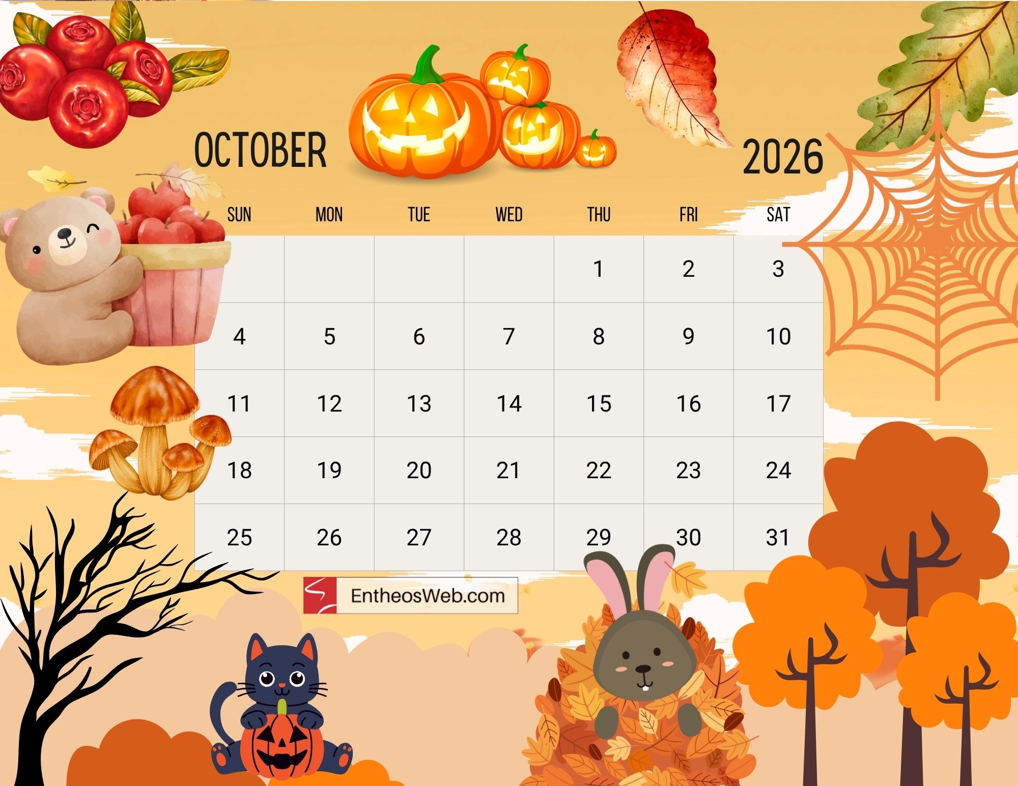 October Calendar Free Printable 2026