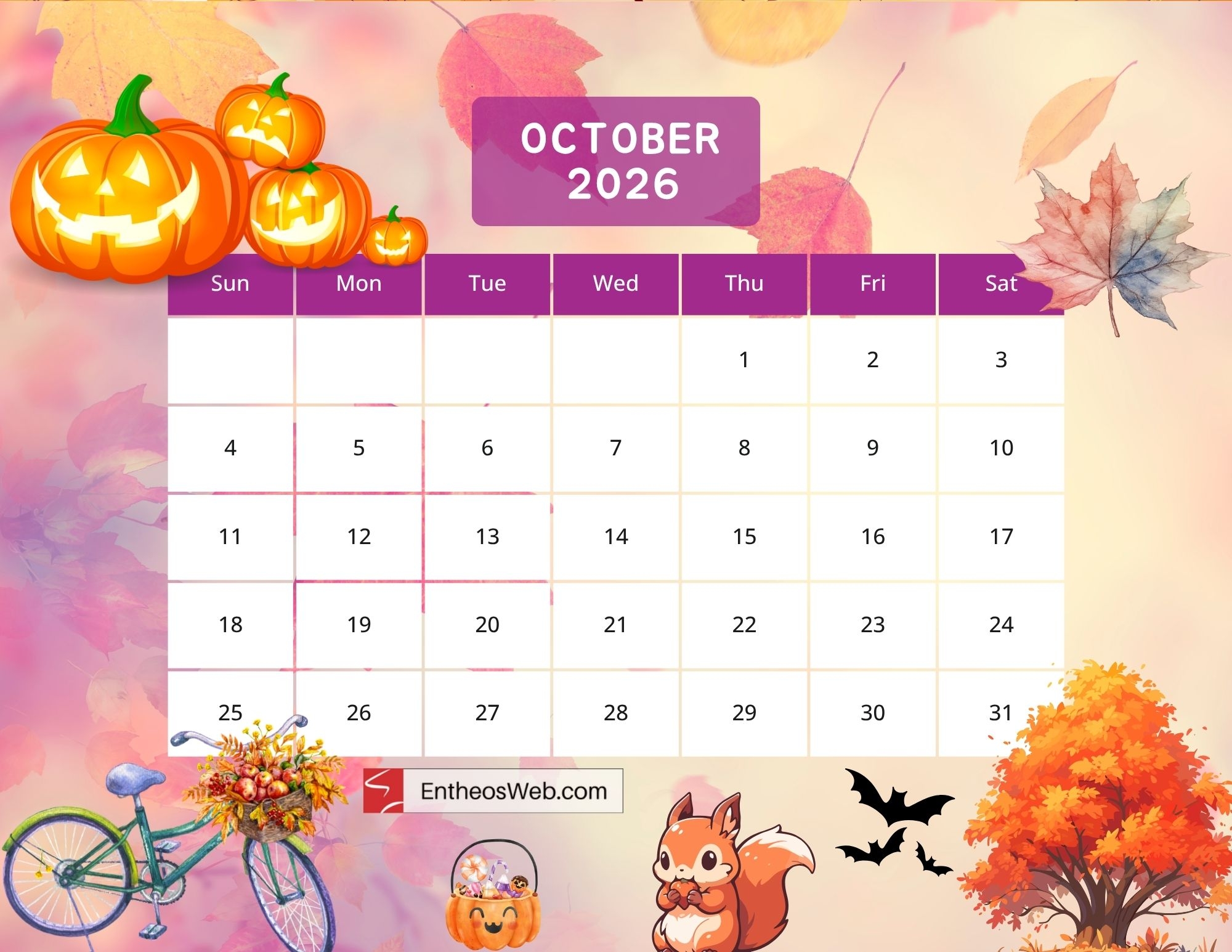 Calendar October 2026 Printable Free
