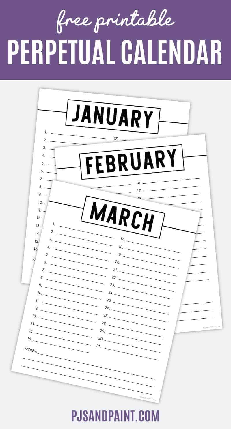 Printable Perpetual Monthly Calendar