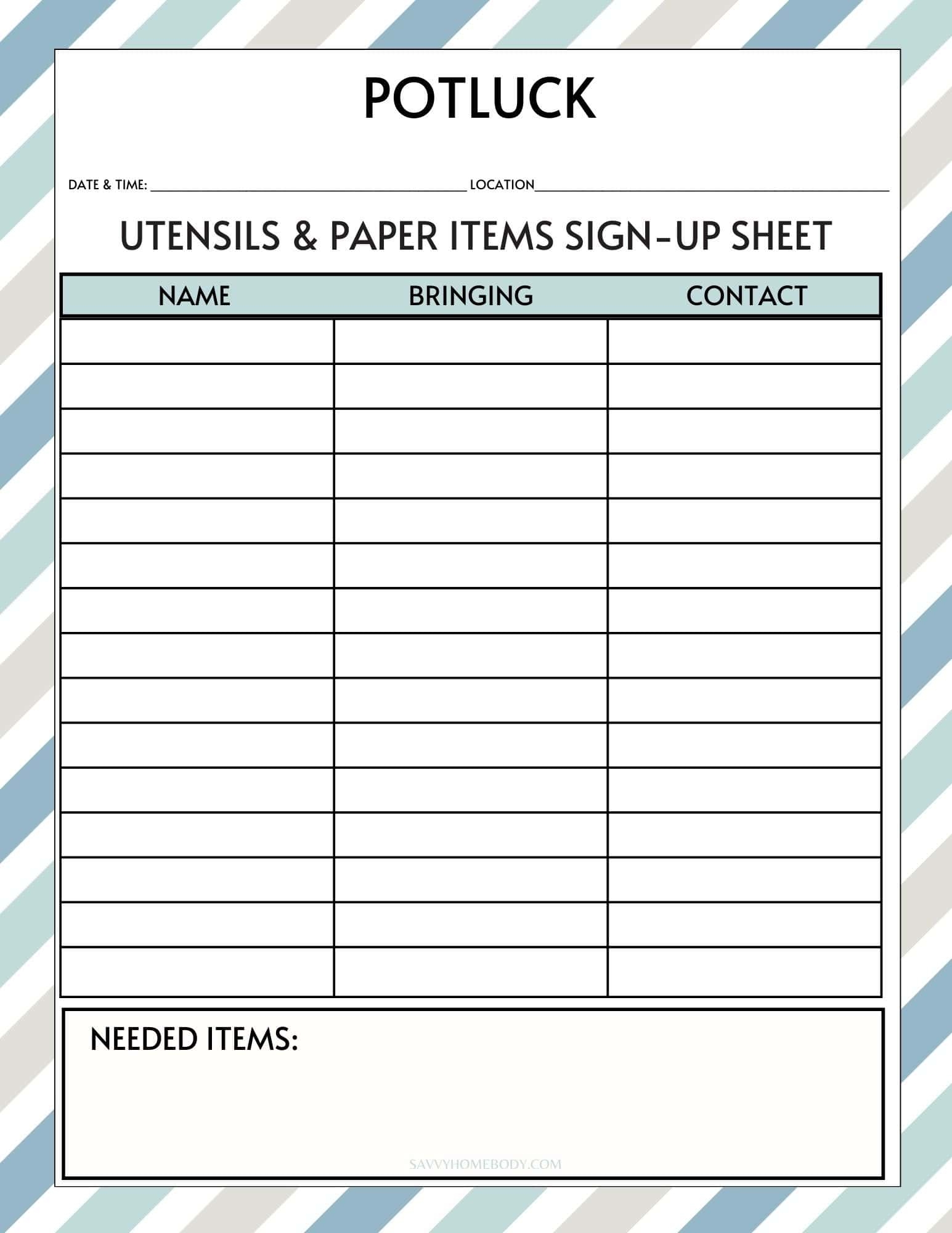 Holiday Potluck Sign Up Sheet Printable Holiday Potluck Sign Up Sheet Printable