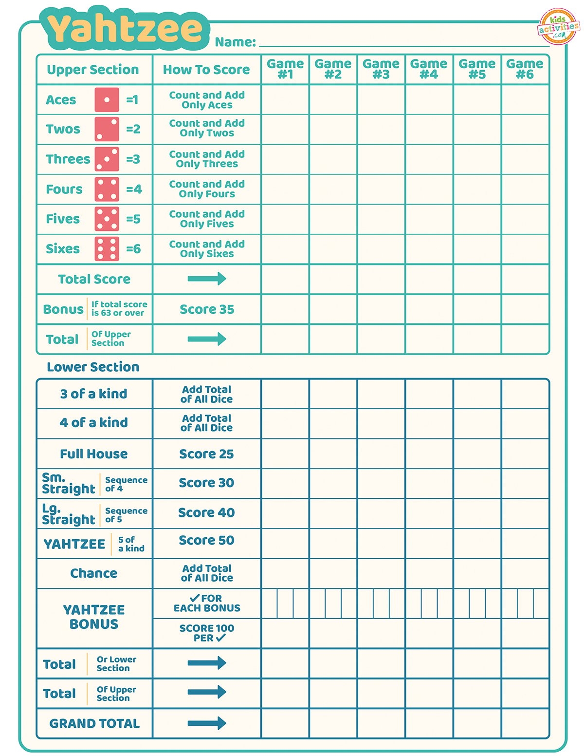 Yahtzee Game Sheets Printable