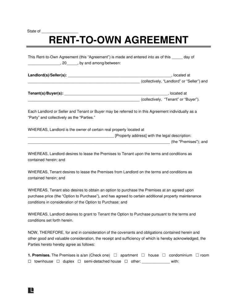 Free Rent to Own Lease Agreement Template PDF U0026 Word