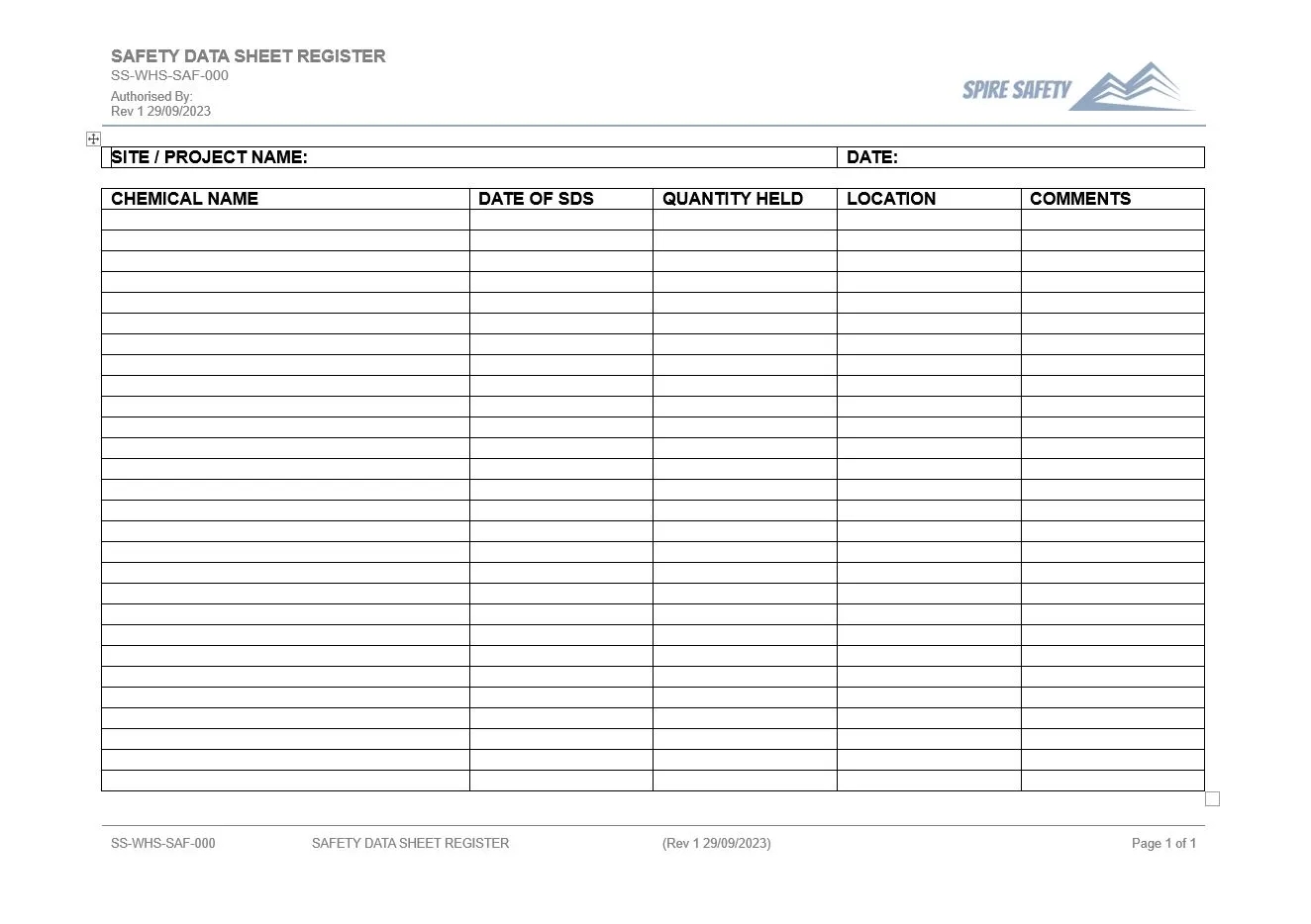 Free Safety Data Sheet Register Template Spire Safety Consultants