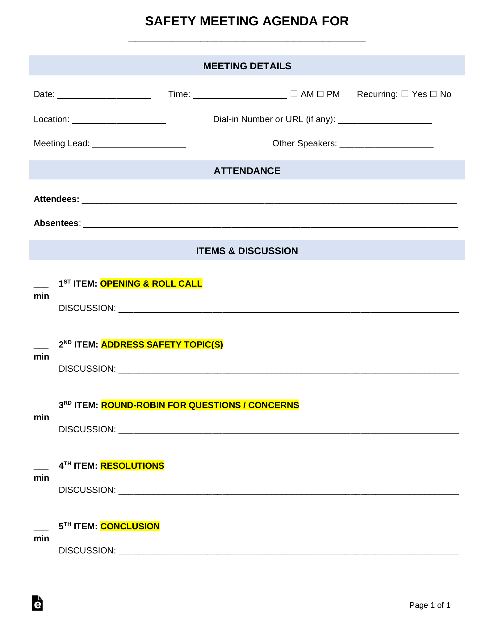 Free Safety Meeting Agenda Template PDF Word EForms
