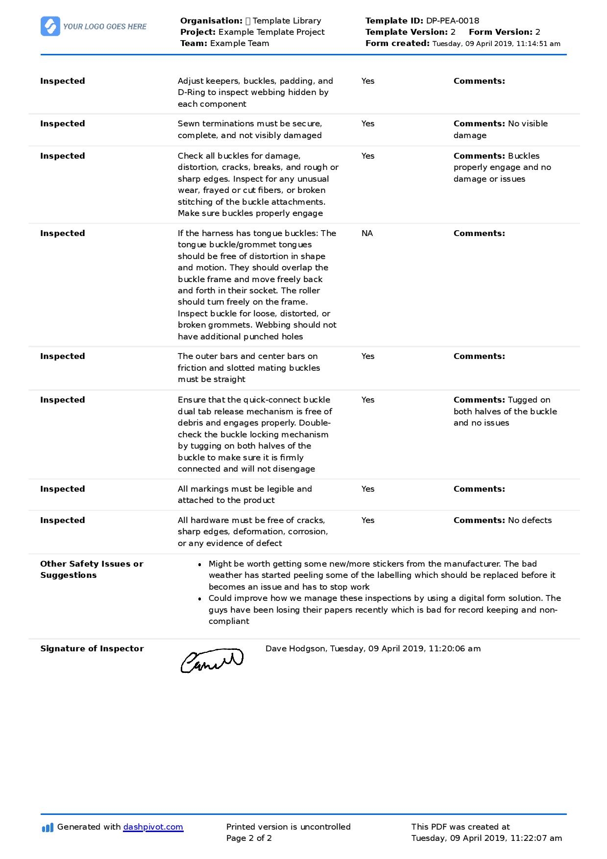 Full Body Harness Inspection Checklist Free And Editable 