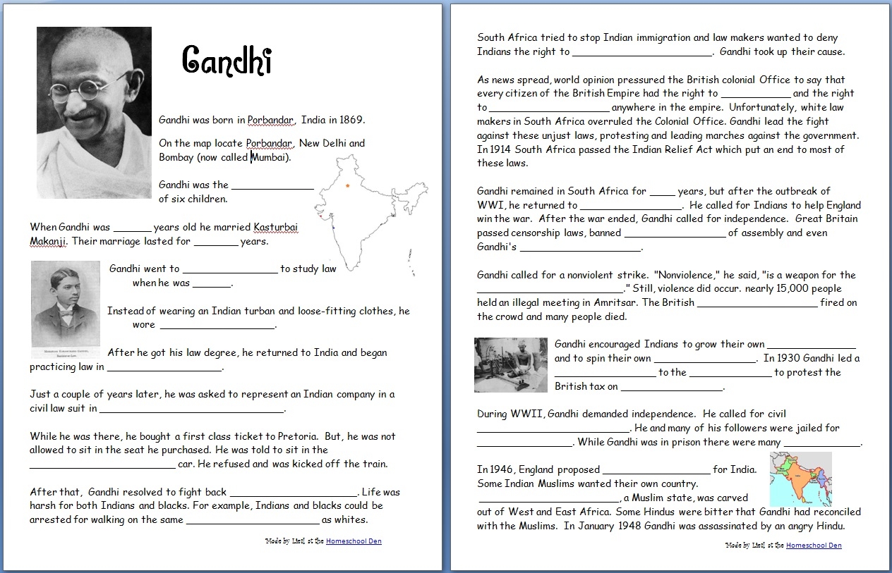 Gandhi Free Worksheets Notebook Pages Homeschool Den