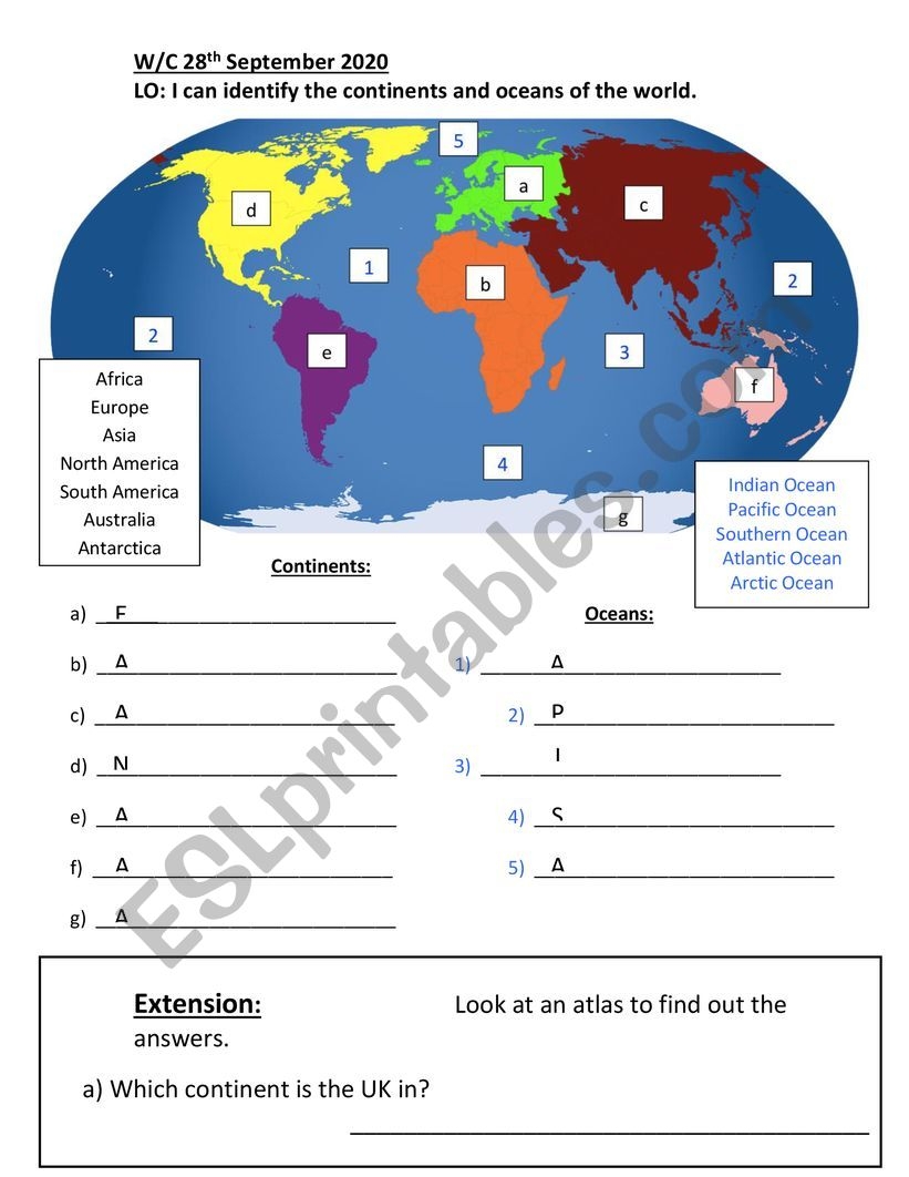 Geography Oceans And Continents Year 2 ESL Worksheet By Ashleighm92