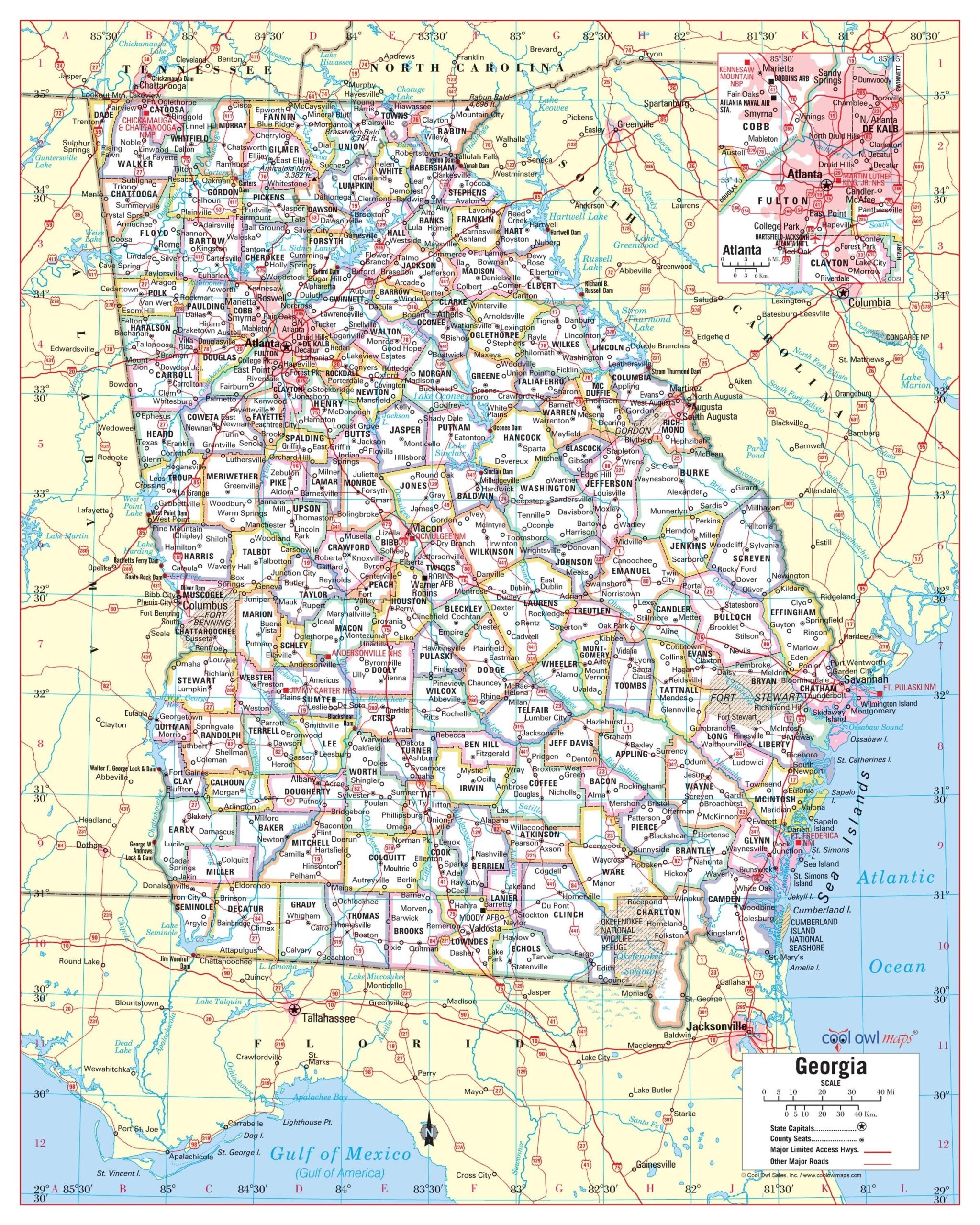 Georgia State Wall Map Large Print Poster 24