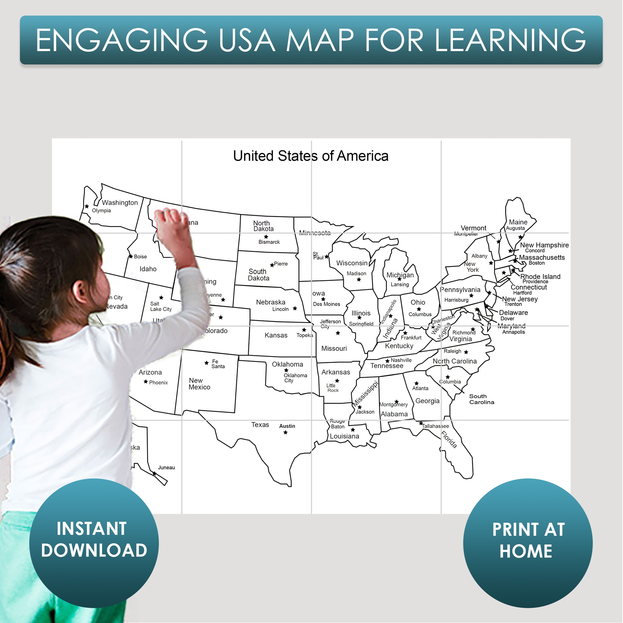 Giant USA Map With States And Capitals Printable Print Cut And Assemble