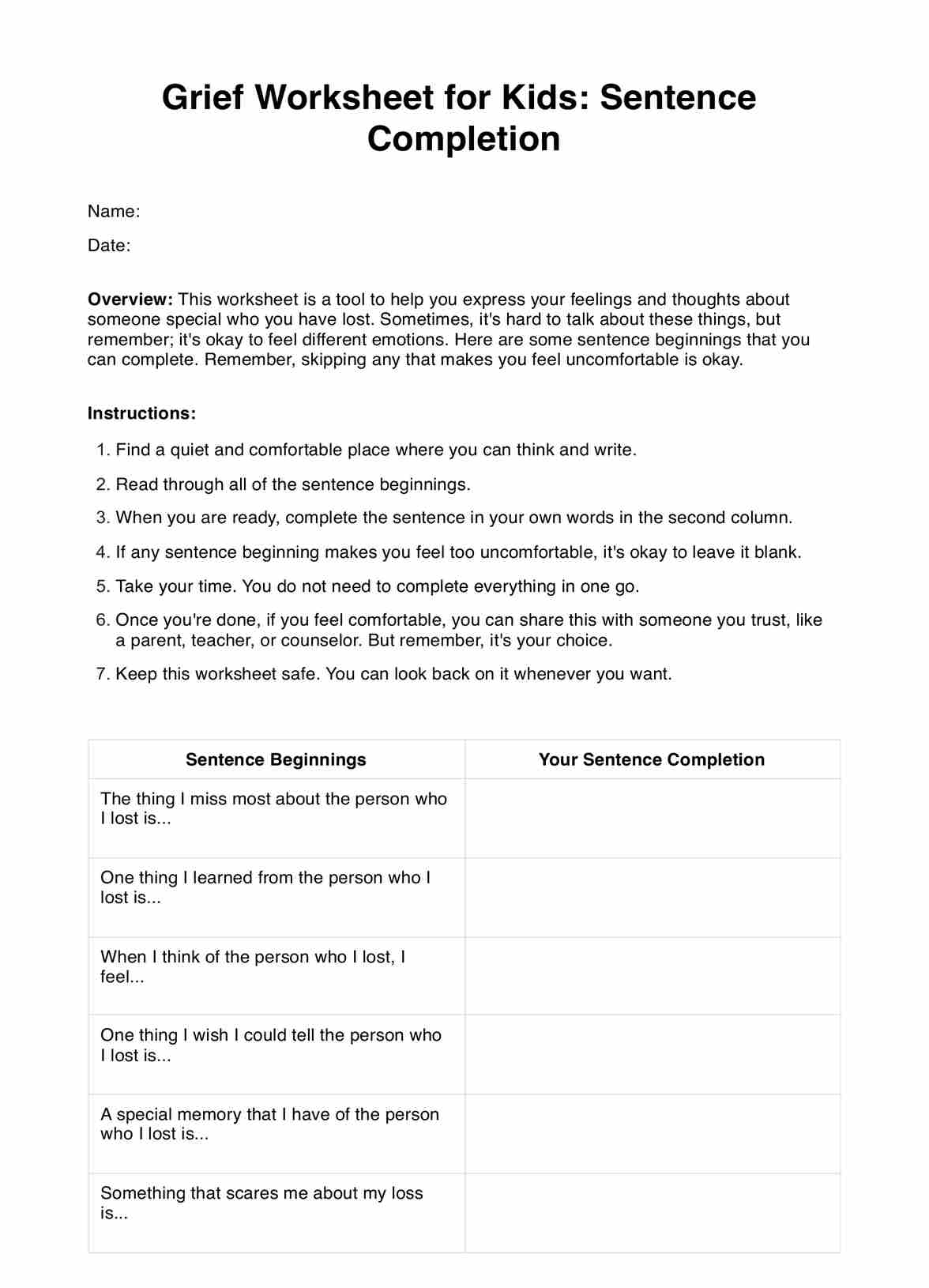 Grief Worksheet For Kids U0026 Example Free PDF Download