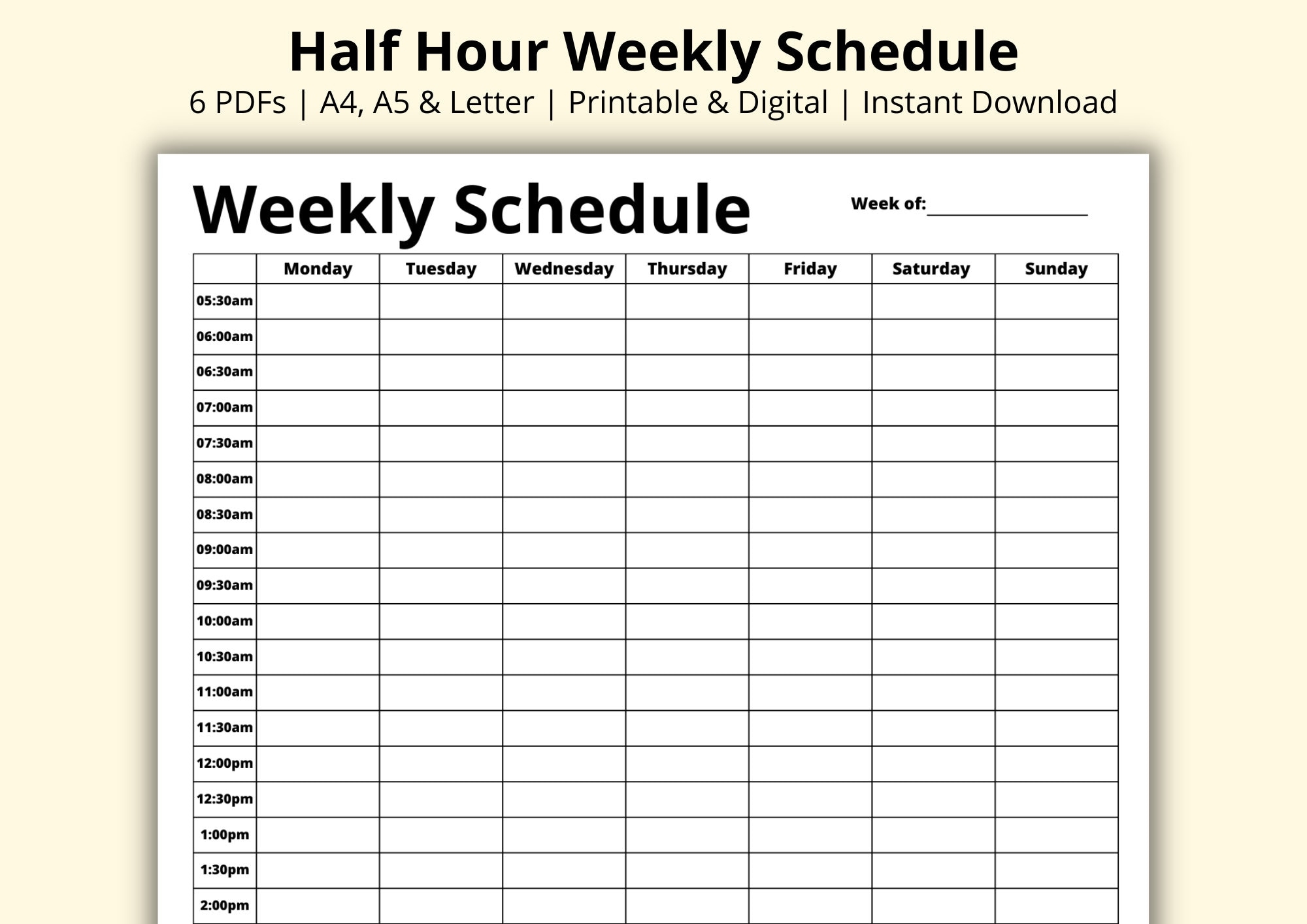 Half Hour Weekly Schedule 7 Day Planner Weekly Planner PDF Week At A Glance Weekly Agenda Tasks List Printable digital A4 a5 letter Etsy