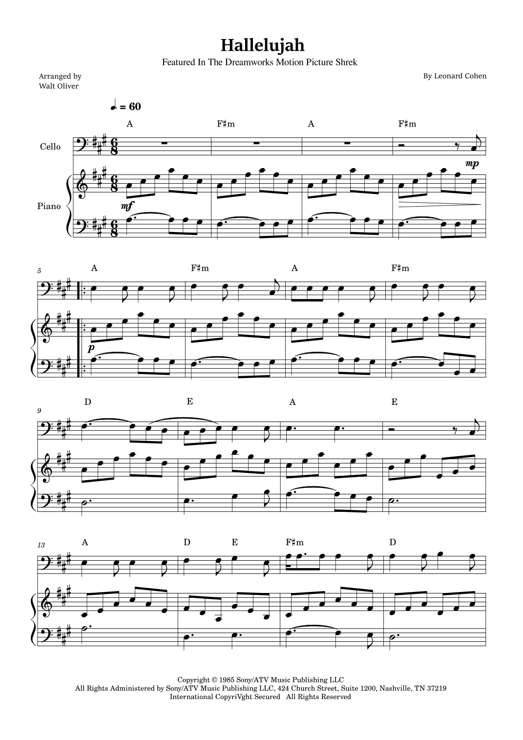 Hallelujah arr Walt Oliver By Leonard Cohen Sheet Music For Cello And Piano At Sheet Music Direct